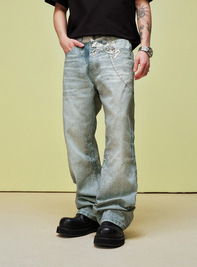 OKME 蕾丝珠链水洗牛仔裤街头嘻哈宽松直筒美式休闲做旧长裤男