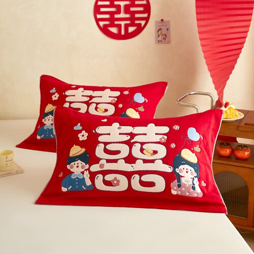 极有家卧室家用全棉五层纱布提花枕巾单人枕用结婚喜庆红52x78cm