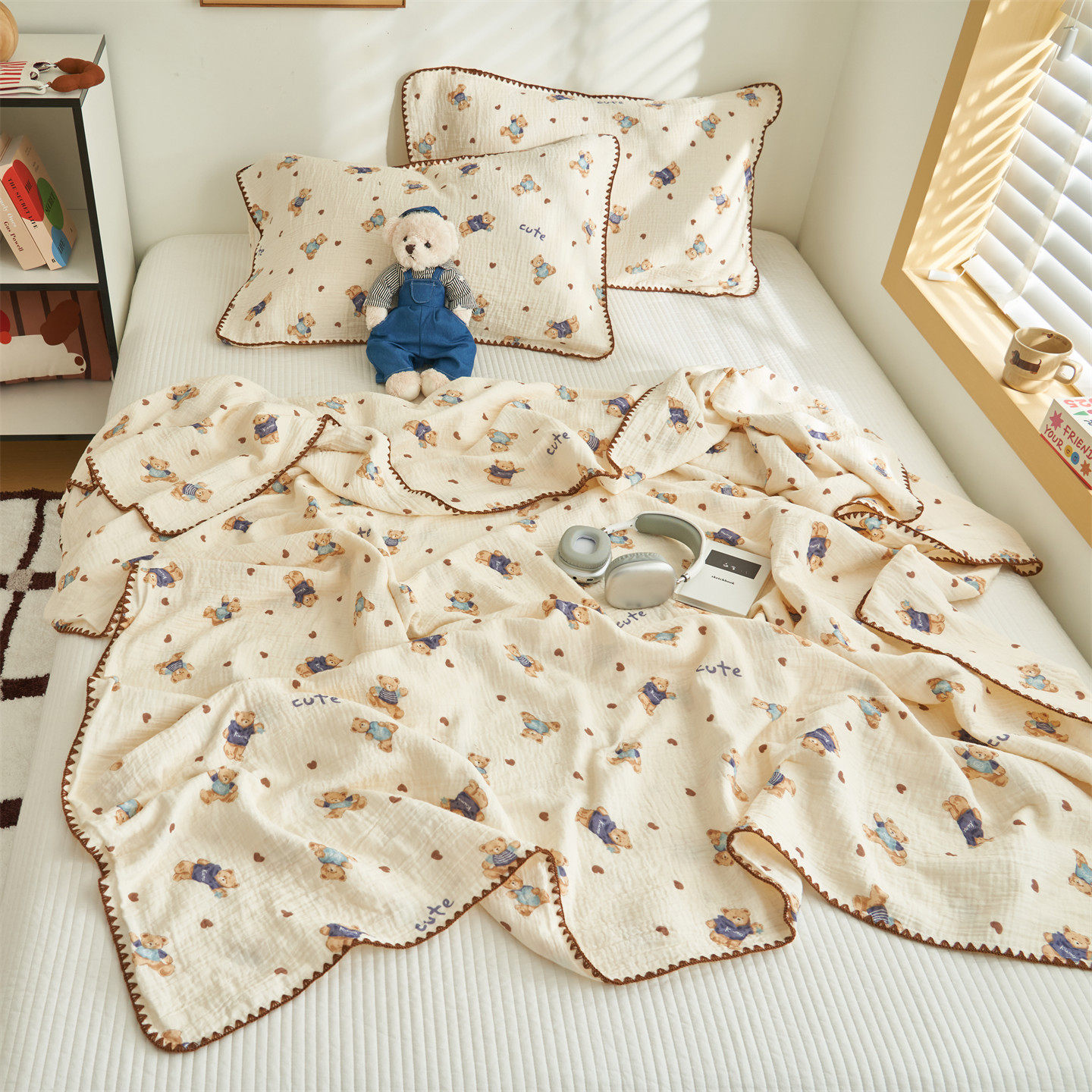 獭獭不懒 A类全棉纯棉印花皱皱纱多功能毯双层纱纱布盖毯四季通用