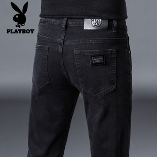 花花公子男士秋冬季修身直筒牛仔裤2025高端弹力厚款加绒长裤子潮