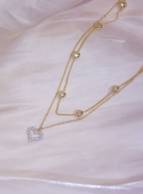 极速Gold Color jDouble Layer Heart Necklace Shining Bling AA