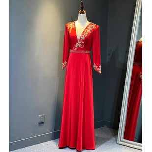 极速主持人礼服女端庄大气重工钉珠E长袖红色音乐艺考独唱诗朗诵