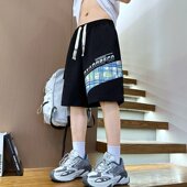 夏季 青少年宽松设计感运动休闲沙滩五分短裤 薄款 格子拼接冰丝短裤