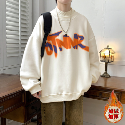 2025新款秋冬季奥粒绒圆领印花套头卫衣青少年男加绒加厚潮牌上衣
