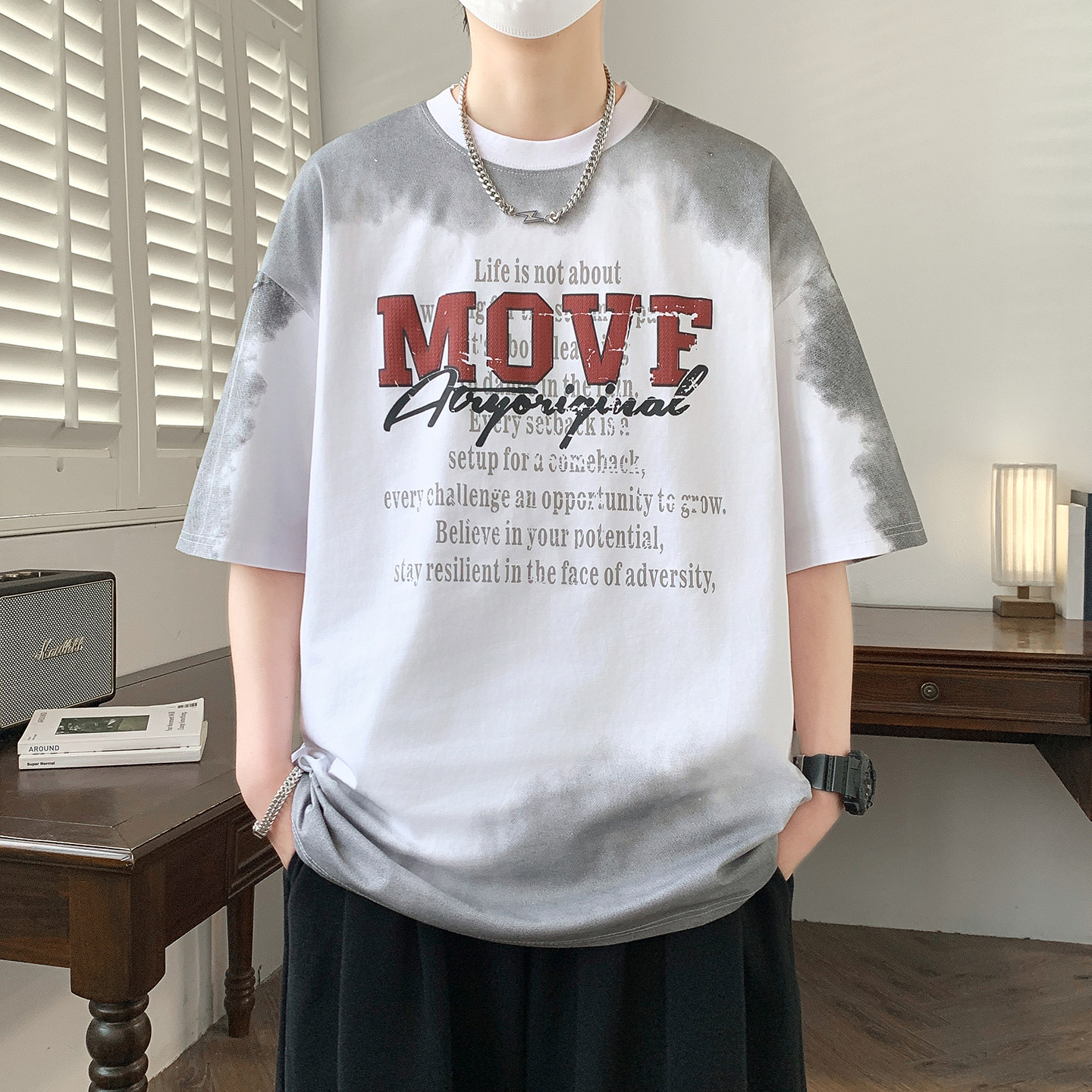 夏季重磅短袖青少年扎染个性时尚舒适圆领男生百搭小字母印花T恤