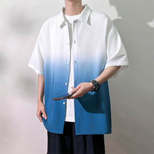 潮牌高街百搭春秋夏季薄款外套日系渐变色长袖衬衫男款韩版衬衣服