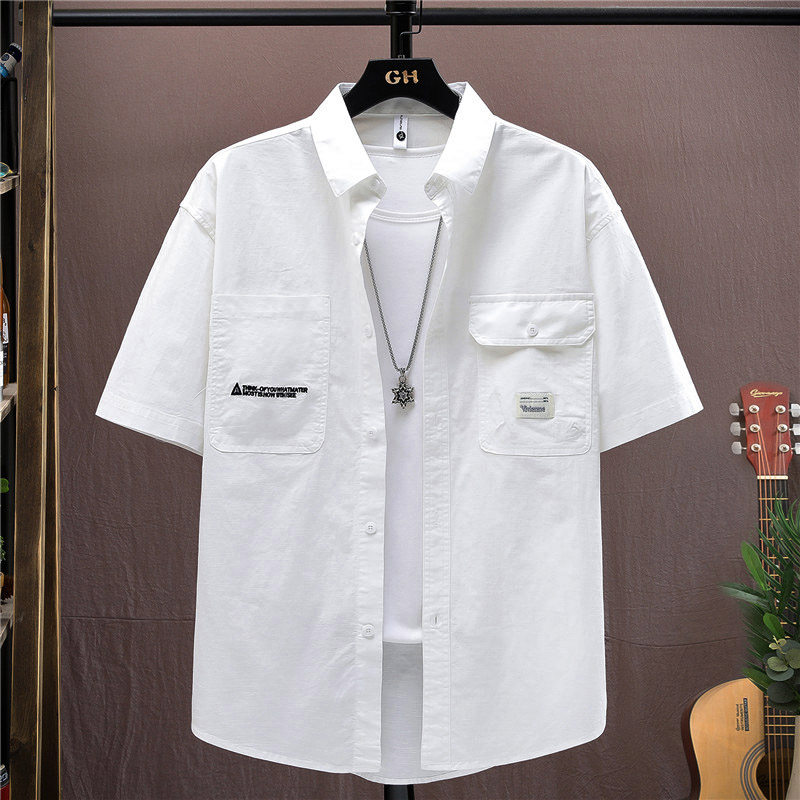 夏季2026青少年工装翻领衬衫短袖时尚贴标设计个性宽松T恤开衫