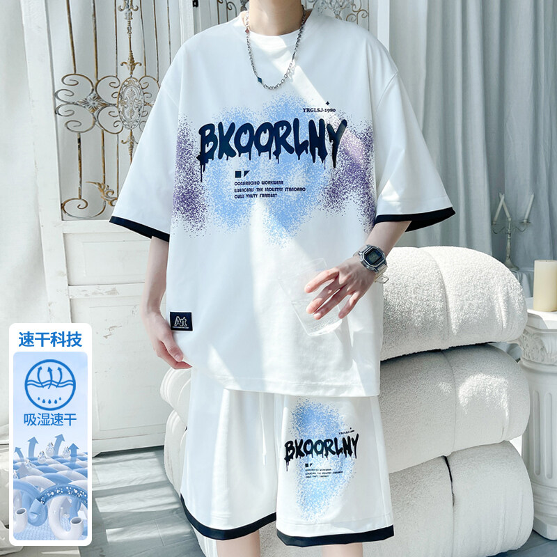 夏季新款青少年冰丝休闲套装男生短袖短裤两件套宽松速干百搭套装