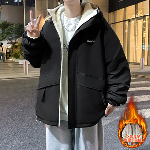 秋冬重磅新款青少年高品质双面穿连帽夹克内里羊羔绒两穿男生外套