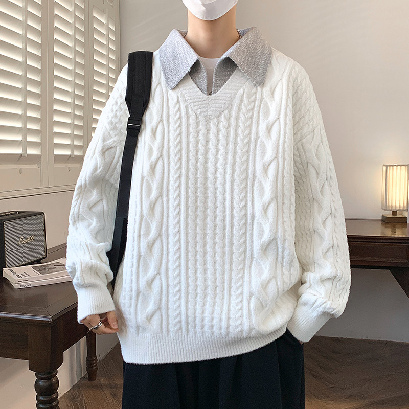 冬季穿搭学院风翻领假两件麻花纹针织毛衣舒适保暖男生百搭打底衫