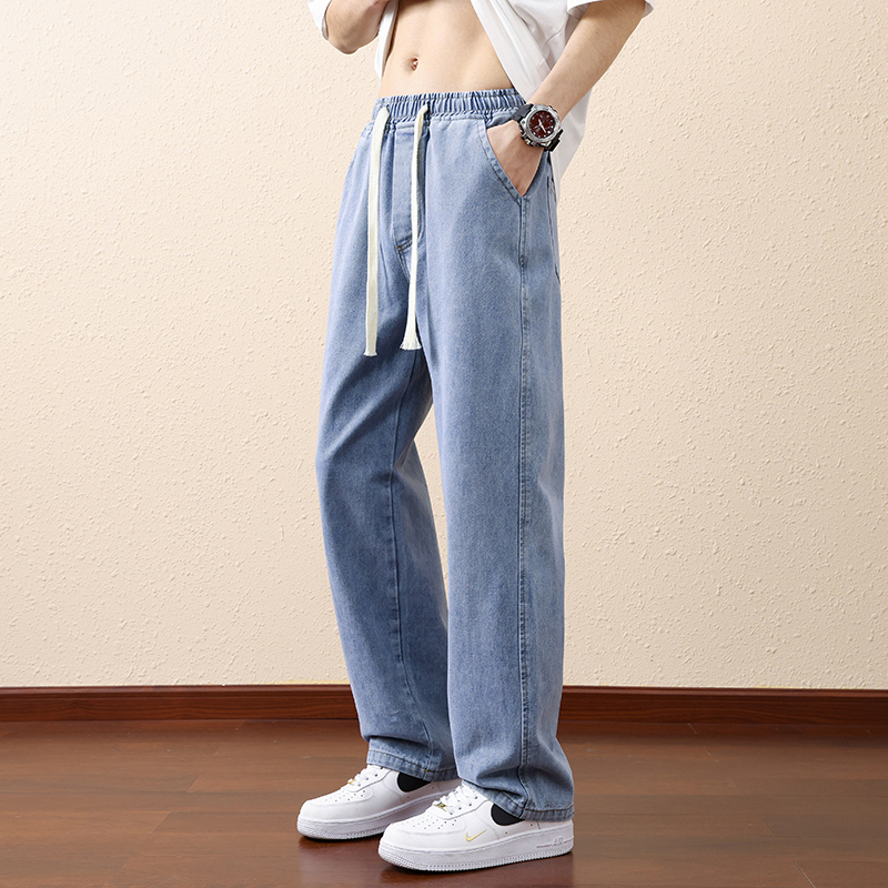 青少年抽绳松紧腰牛仔裤男2025新款秋冬加绒加厚直筒潮牌初中生