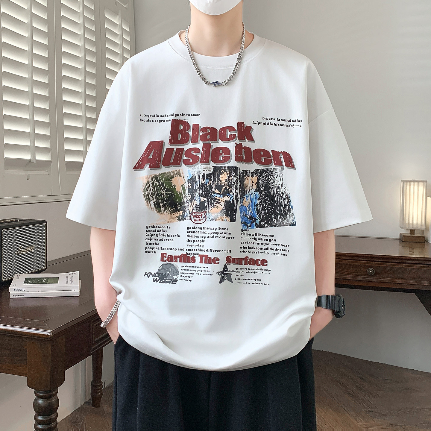 2026夏季高品质青少年T恤休闲个性潮牌印花设计男生百搭圆领短袖