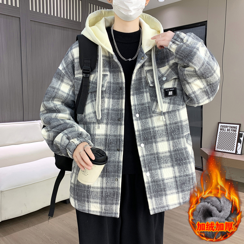 秋冬重磅新款加绒加厚男生夹克美式扎染格子青少年百搭款连帽外套