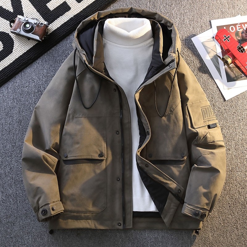 2025冬季新款工装风连帽羽绒服男绿色多口袋保暖加厚面包服外套,男装,羽绒服,淘宝优惠券,粉丝福利购,淘宝优惠卷