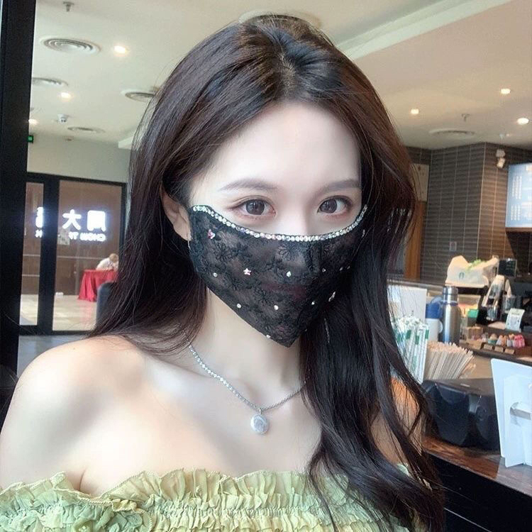 夏季防晒刺绣带钻防晒口罩网红镶钻格桑花蕾丝女神气质装饰面罩