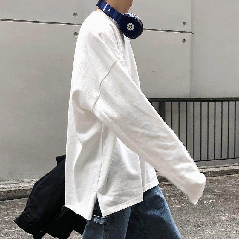 纯棉T恤男款圆领长袖春秋宽松休闲学生内搭白色打底衫开衩短衣服