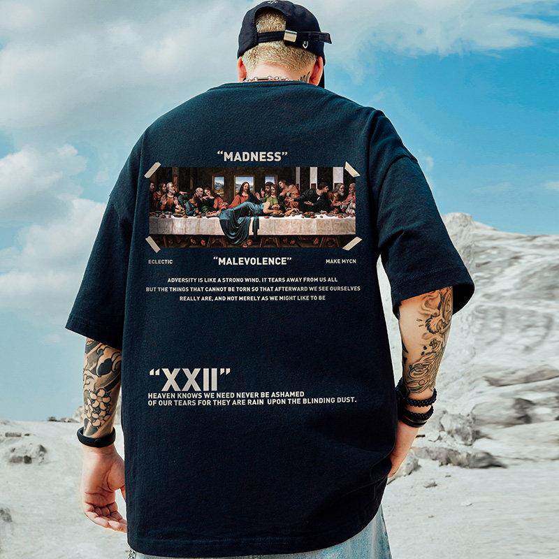 oversize欧美潮牌胖子男装大尺码国潮嘻哈宽松油画短袖T恤潮流半