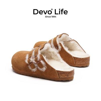 Devo/的沃软木拖鞋包头绒面加毛加绒保暖半拖外穿套脚女鞋22003