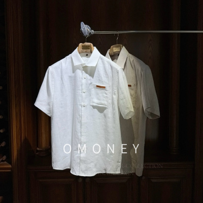OMoney纯亚麻老钱风短袖衬衫