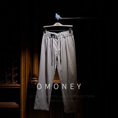 OMoney亚麻直筒抽绳休闲长裤