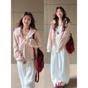 韩系巨好看早秋条纹外套女2025新款秋季设计感连帽开衫薄款上衣女