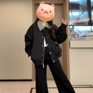 美式拼接翻领黑色深秋夹棉外套女秋冬新款2025早秋穿搭夹克棒球服