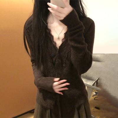 蕾丝v领针织内搭打底衫女