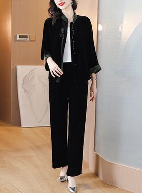 新品秋冬金丝绒套装女高端女人味时尚真丝唐N装上衣阔腿裤两件套