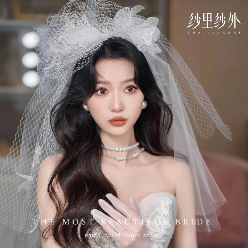 新品森系超仙蕾丝头纱网格花朵新娘E白纱头饰婚礼复古拍摄外景造