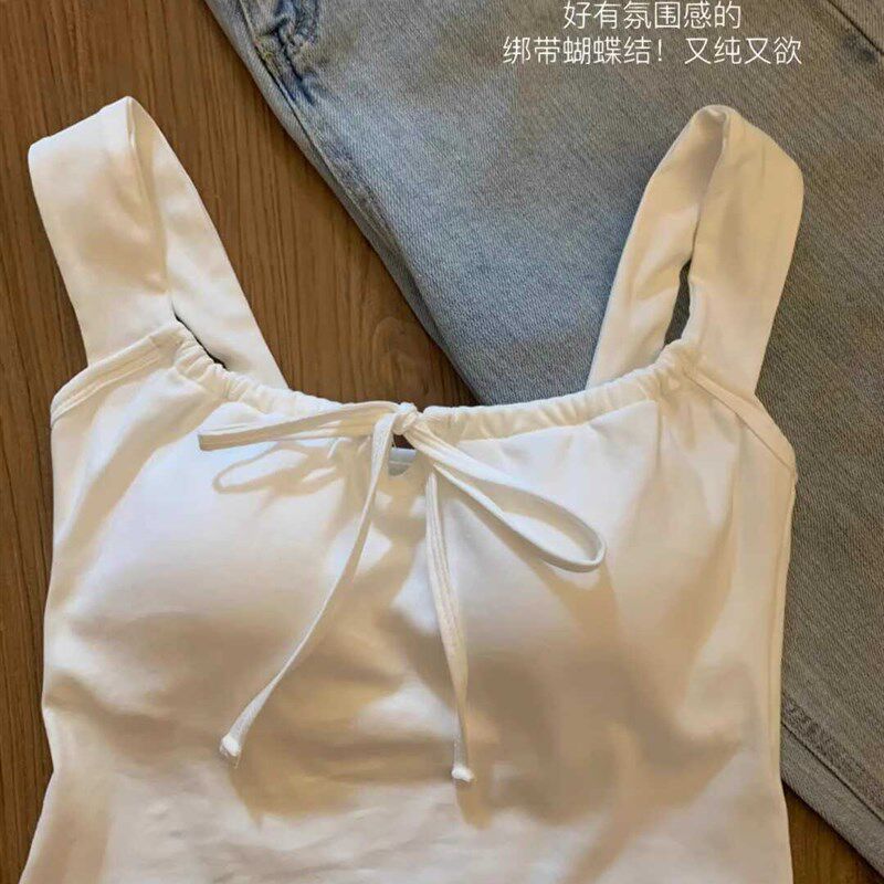 新品纯欲风白色吊带背心q女夏带胸垫性感打底修身显瘦辣妹短款内