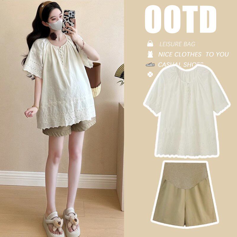 新品孕妇装夏装2025新款套装夏季短袖娃娃衫衬衫上V衣女T恤小个子