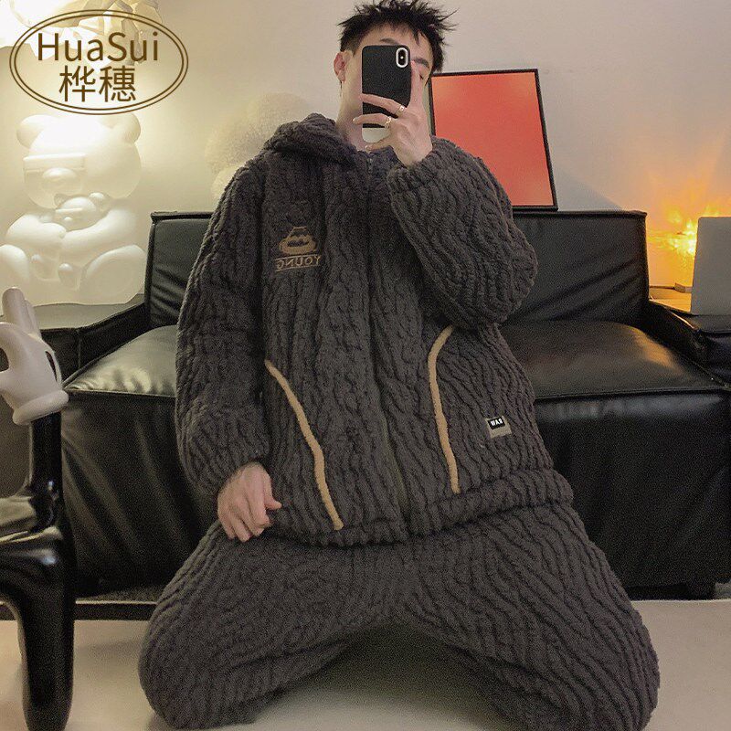 新品2025新款睡衣男士冬季x珊瑚绒加绒加厚冬款三层夹棉连帽家居