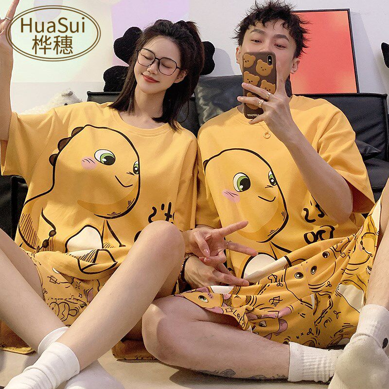 新品情侣睡衣女夏季纯棉短s袖薄款2025新款卡通可爱恐龙男士家居
