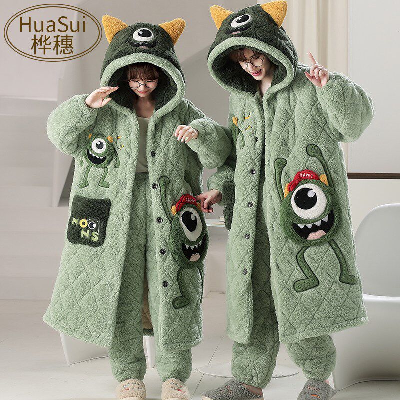 新品情侣睡衣女三层夹棉冬季加厚加绒男士睡袍长R款可爱珊瑚绒家
