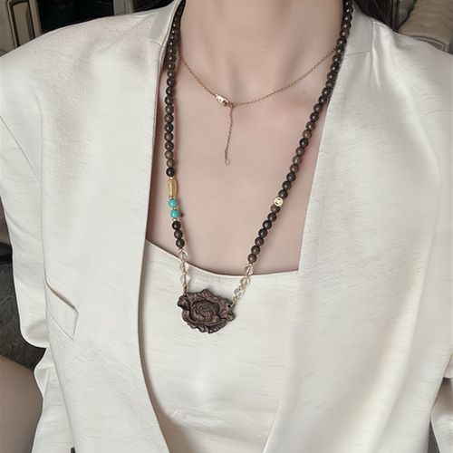 极速沉香牡丹花毛衣链 锁骨链 项链 搭配白水晶  和田玉菱.镁矿 D