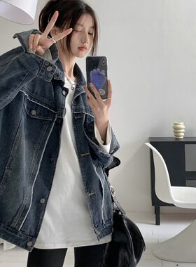 新品复古水洗单排扣牛仔外套女秋季B2023新款设计洋气百搭拼接宽