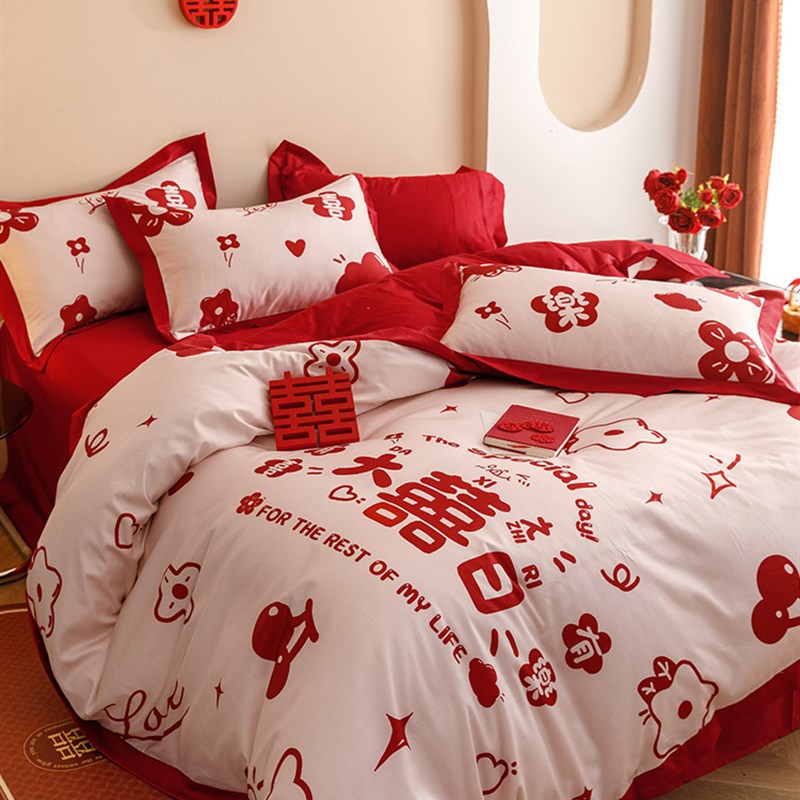 极速浪漫婚庆100支长绒棉四件套数码印花结婚大红色被Z套床单床上