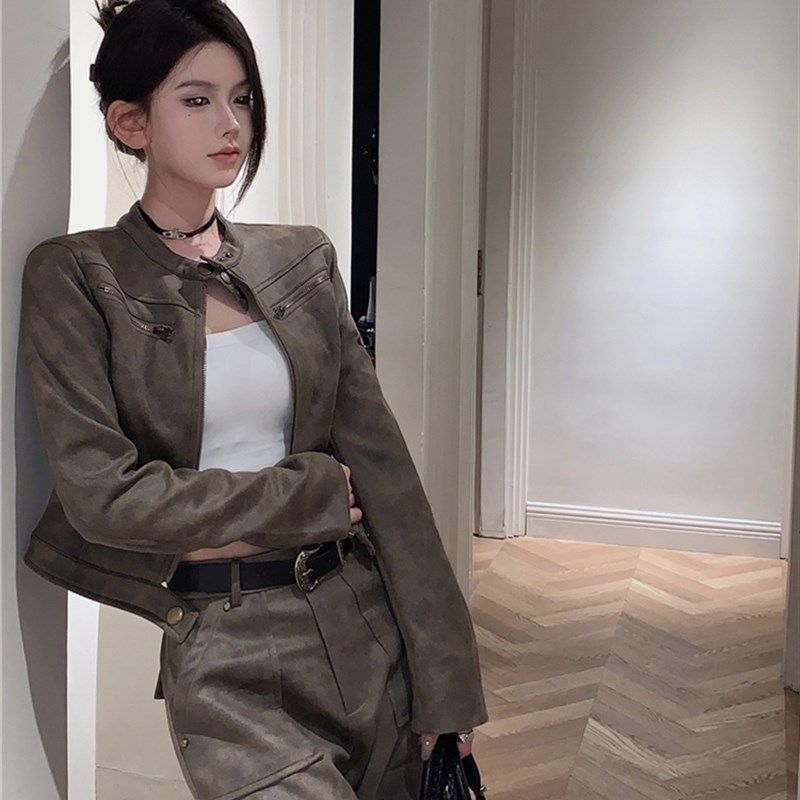 极速美式复古酷飒风御p姐套装时尚炸街机车外套工装裤两件套女秋