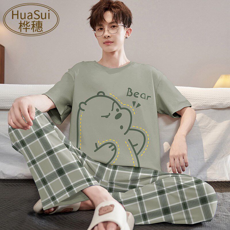 新品睡衣c男夏季纯棉短袖长裤青年学生卡通套装夏天薄款男士大码