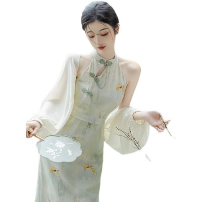 极速晨袍女新娘挂脖旗袍t国风穿搭水乡江南风连衣裙新中式簪花套