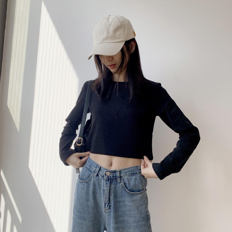 极速性感短款露脐纯色Tr恤女2021新款休闲修身长袖棉质黑色打底衫
