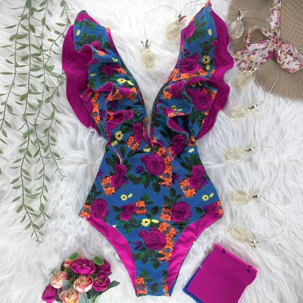 新品2021 New Sexy Rupffle Print Floral One Piece Swimsuit Of