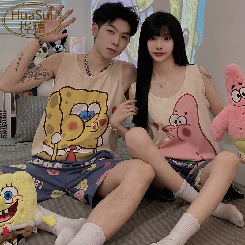 新品情侣睡衣夏季纯棉背心无袖短裤F可爱卡通两件套夏天薄款男士