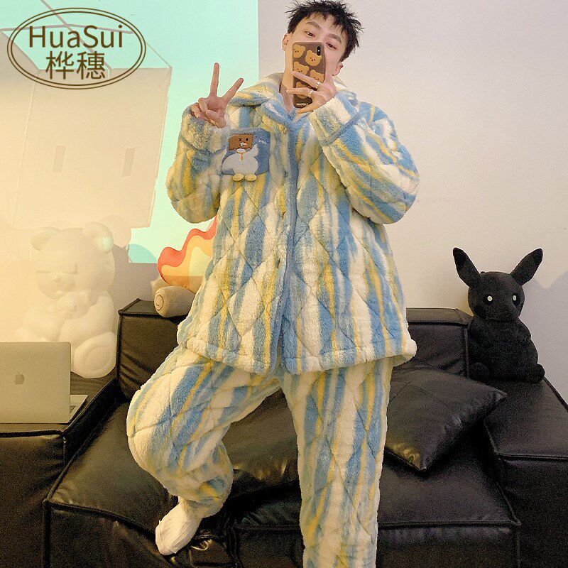 新品秋冬季男士睡衣珊瑚t绒三层夹棉袄加厚加绒开衫卡通家居服男