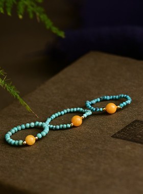 极速天然绿松石蜜蜡5mm戒指 A手工编织 个性女款潮 LH167