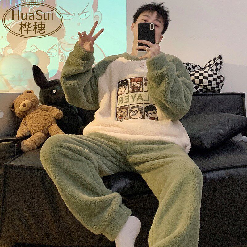 新品睡衣男款秋冬季珊瑚绒加厚加绒保暖卡通男士冬天法.兰绒家居