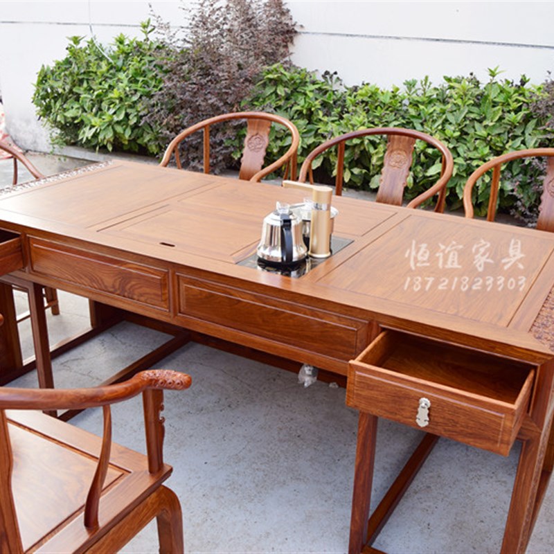 新品刺猬紫檀茶桌苏梨家具新中式B茶台茶室圈椅多用型桌子实木餐