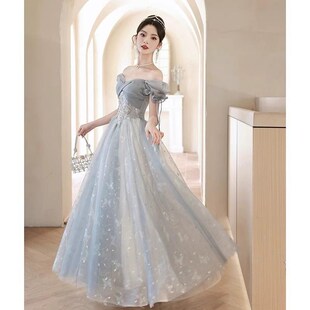 极速蓝色晚礼服高端伴娘服仙女裙20D25新款主持人生日学生成人演