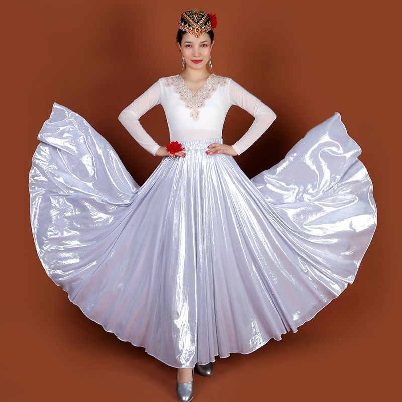 极速新疆舞蹈f演出服女纯色带金线大摆裙民族风服饰广场舞维族舞