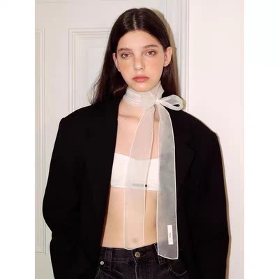 极速韩系辣妹时髦细长条款白x色系脖丝巾丝带透视少女欧根纱飘带